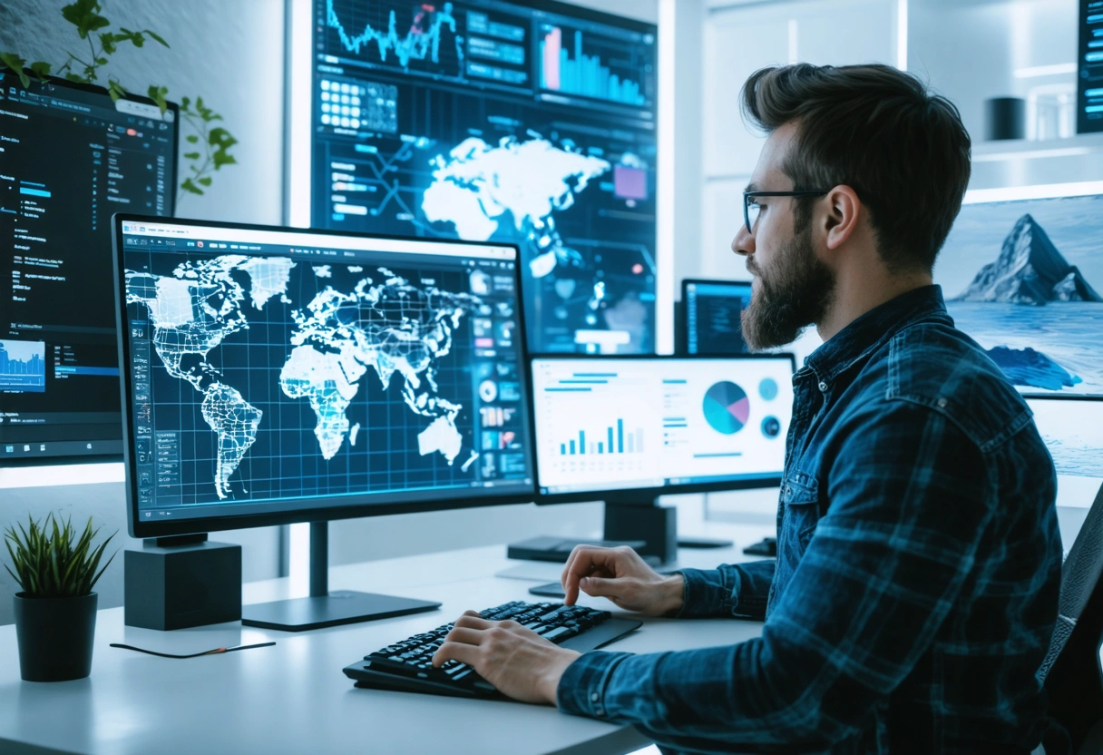 A futuristic e-commerce landscape with WooCommerce, featuring AI integration and digital marketing strategies on a