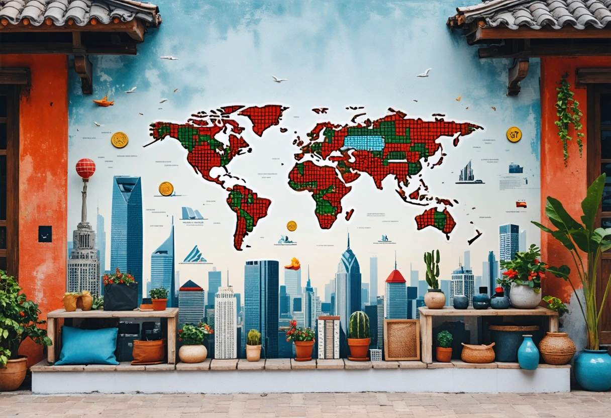 A global e-commerce market scene with WooCommerce, showcasing multi-currency and language options on a website,