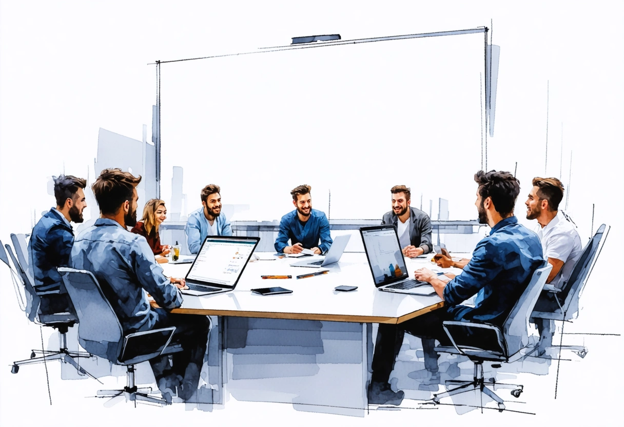 Developers discussing WordPress resources in meeting room with laptops.