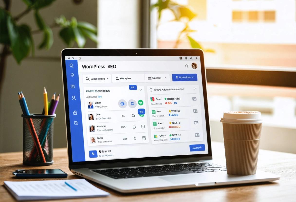 Laptop displaying WordPress dashboard with SEO plugins, notes, coffee on desk, natural light.