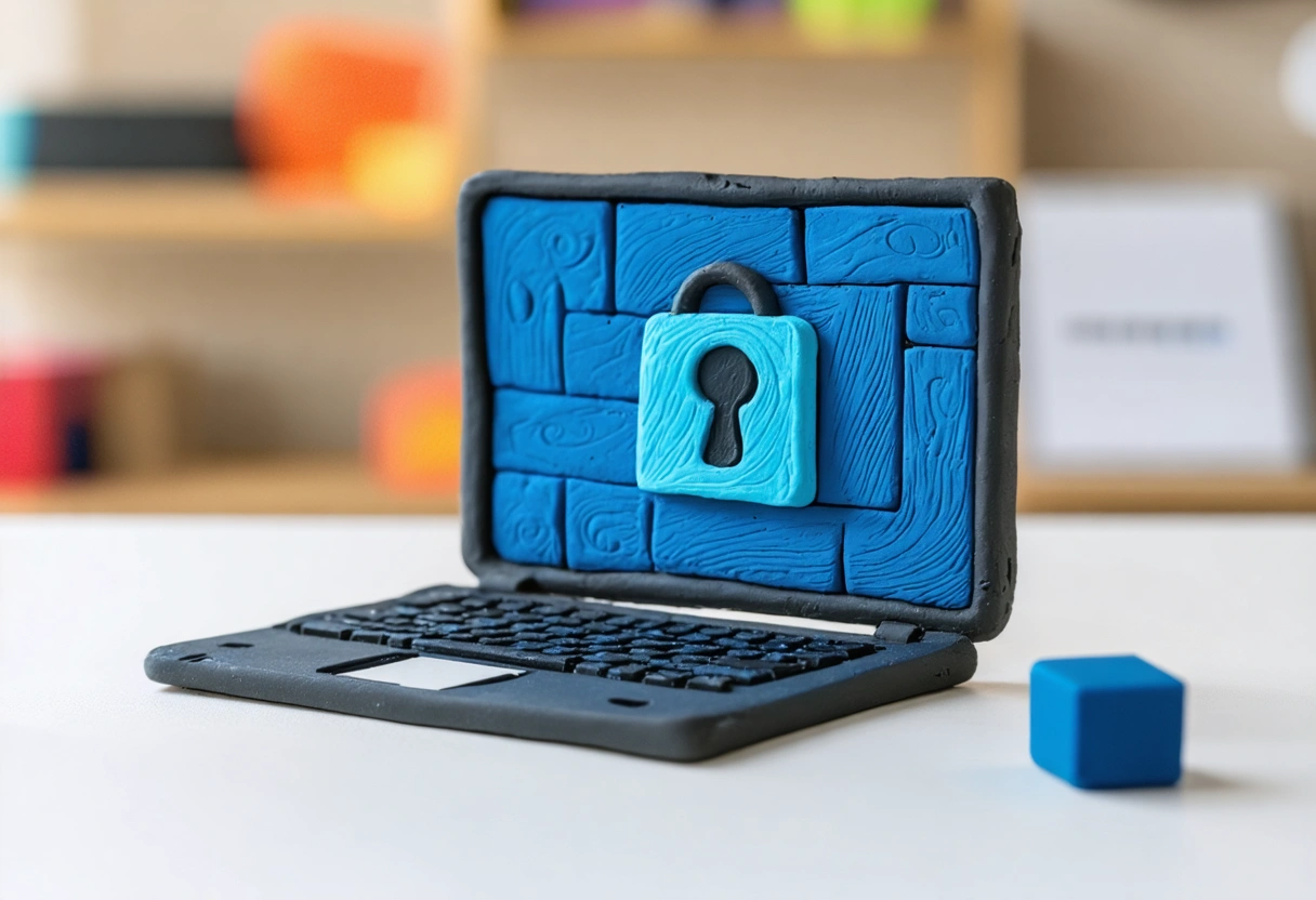 Laptop with security software for WooCommerce, person ensuring protection, secure ambiance