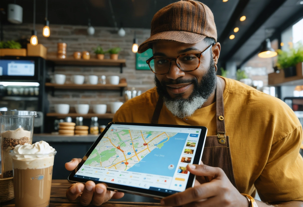 A local business owner checking Google Business Profile on a tablet, with a map and