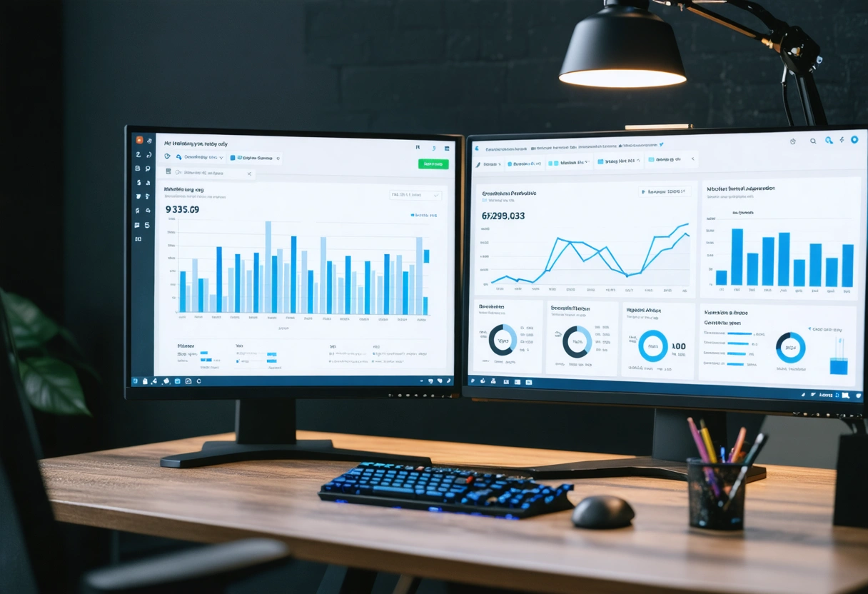 A marketing analyst reviewing key metrics on a dual-monitor setup, with graphs and data on