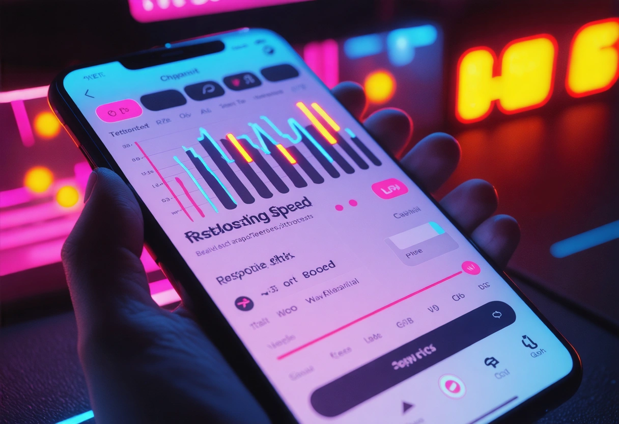 A mobile phone displaying a responsive WordPress site, with fast loading speed indicators, in a