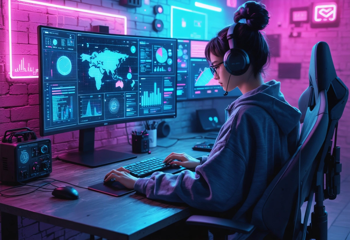 Workspace with laptop showing WooCommerce integrations, person analyzing data, innovative mood