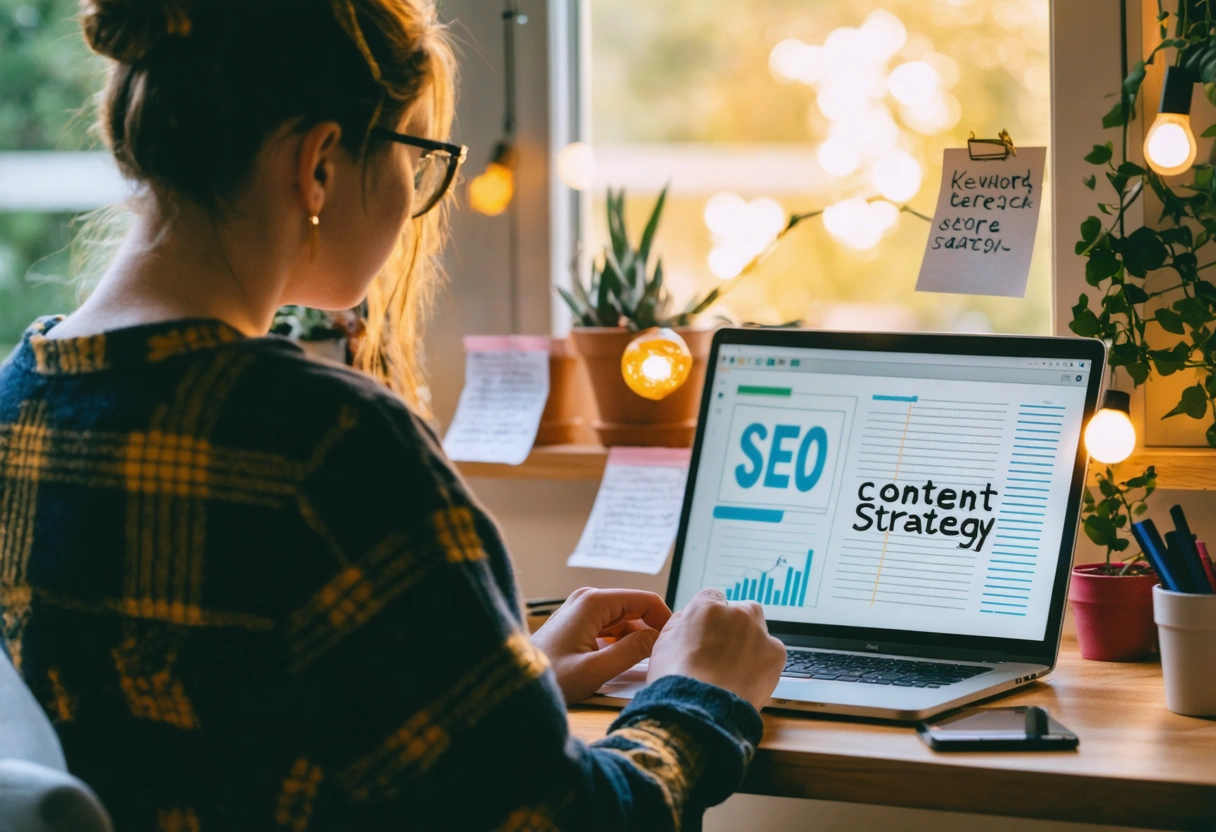 A person analyzing SEO content strategy on a laptop screen, surrounded by keyword research notes,