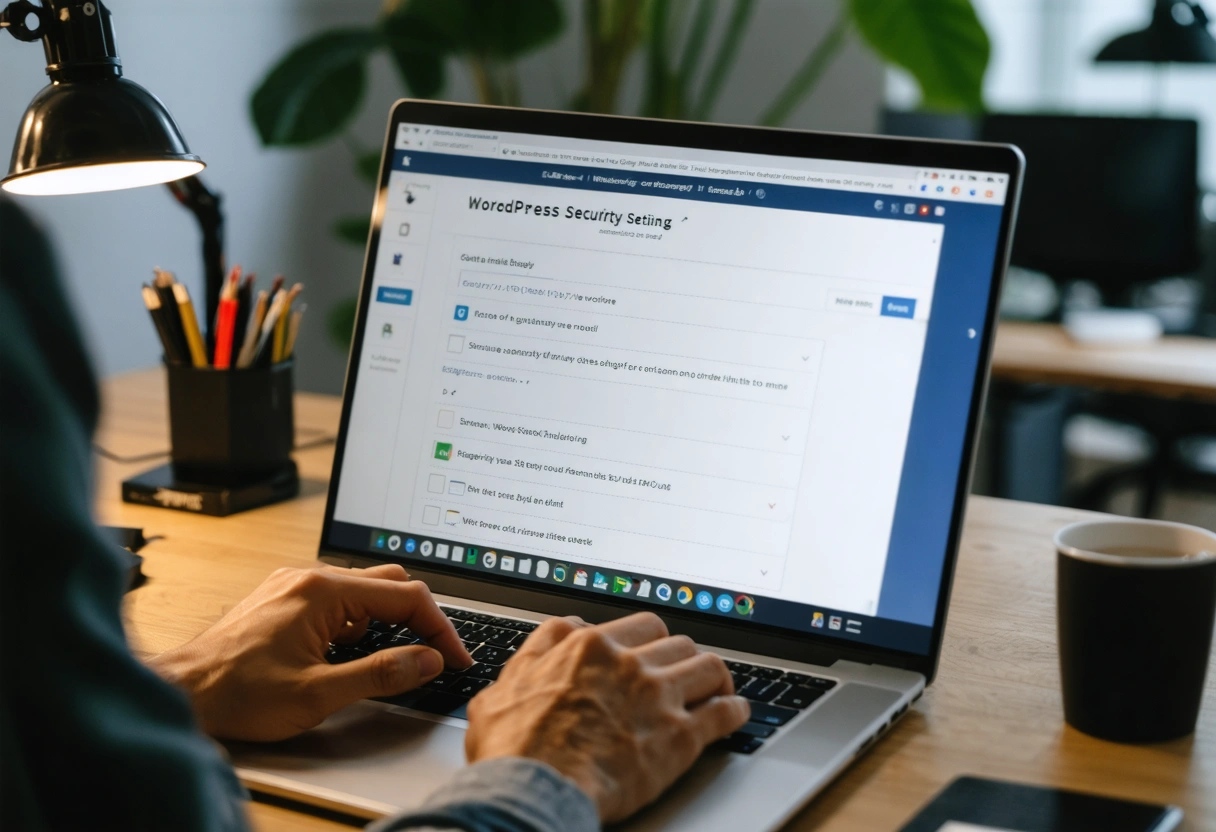 Blogger configuring WordPress security settings on laptop in a sunlit modern office.