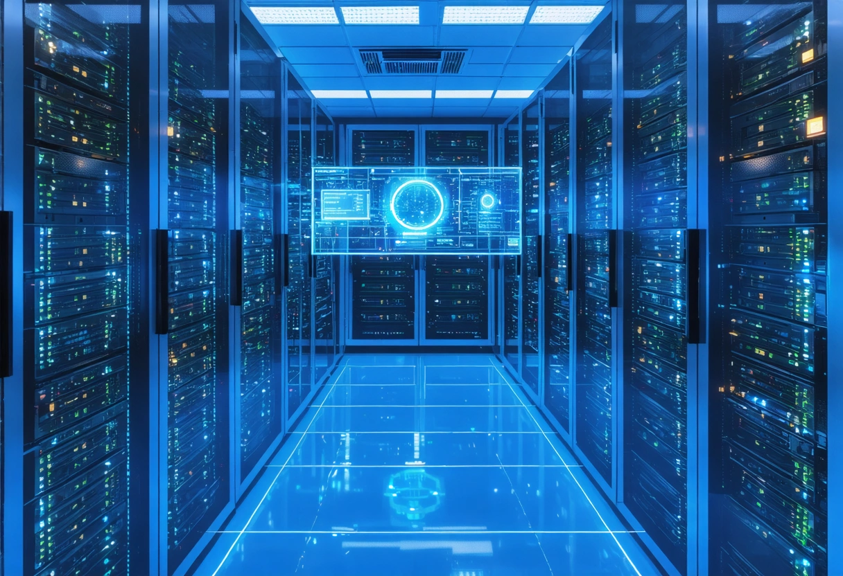 A server room with racks of servers, one highlighted as dedicated, with a digital interface