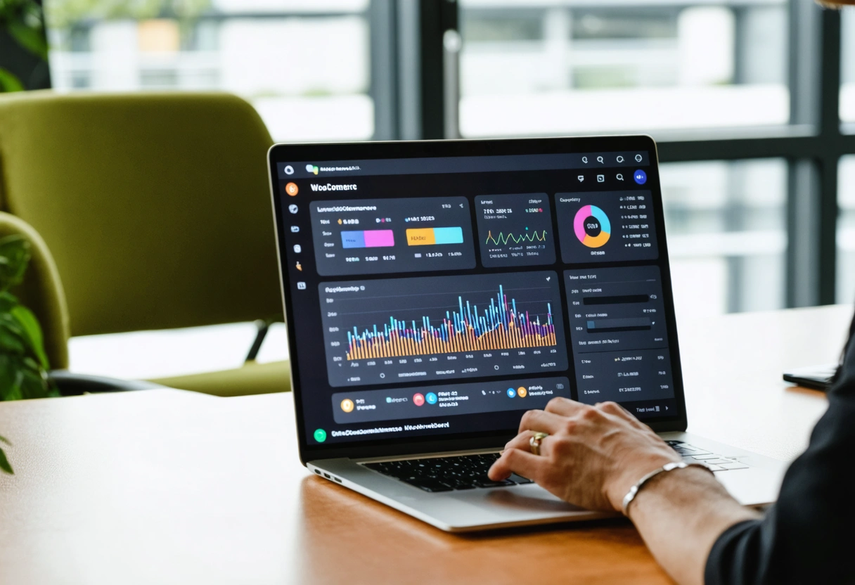 Person analyzing WooCommerce dashboard on laptop in sunlit modern office.