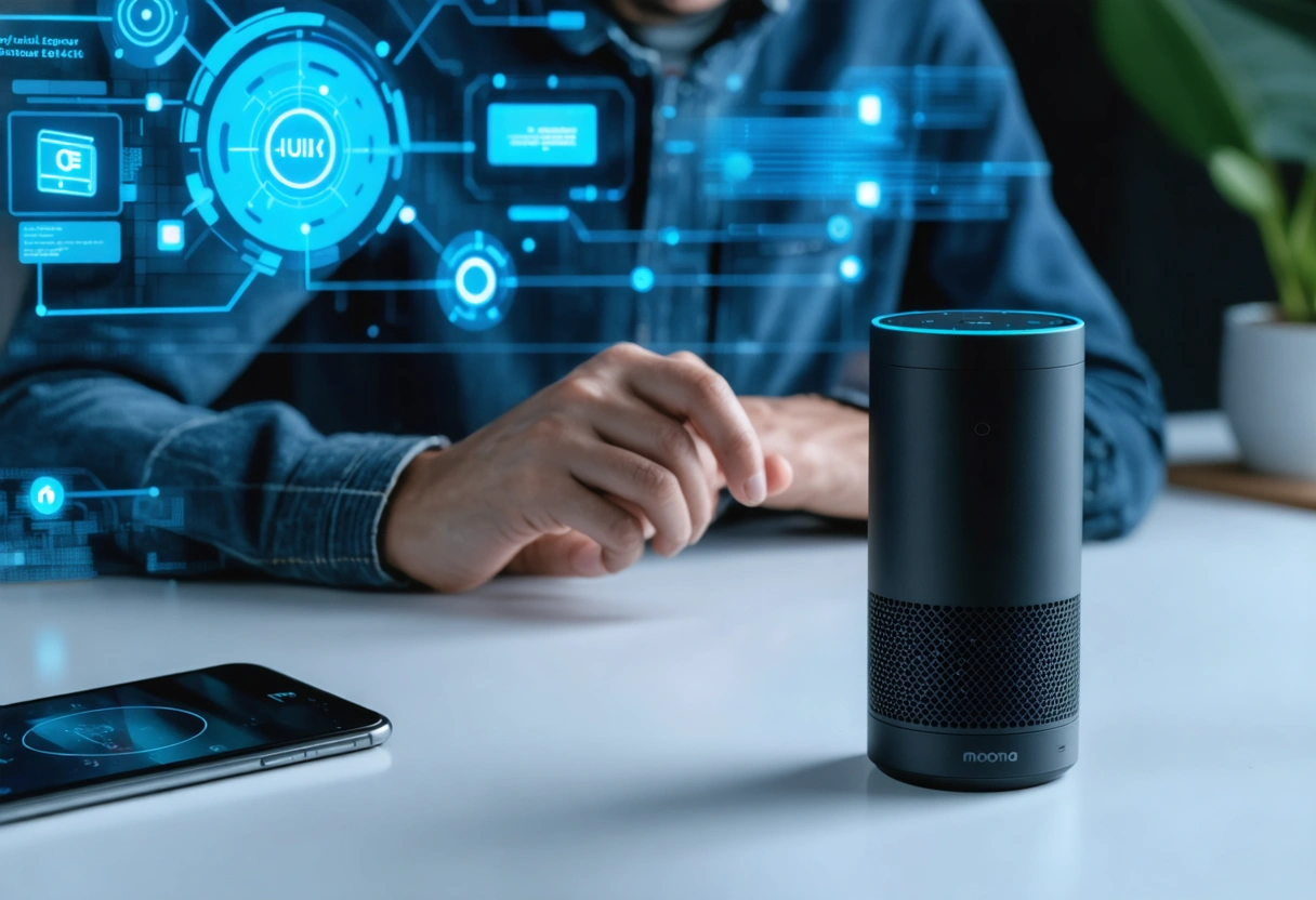 A tech-savvy individual using a smart speaker to perform a voice search, surrounded by digital