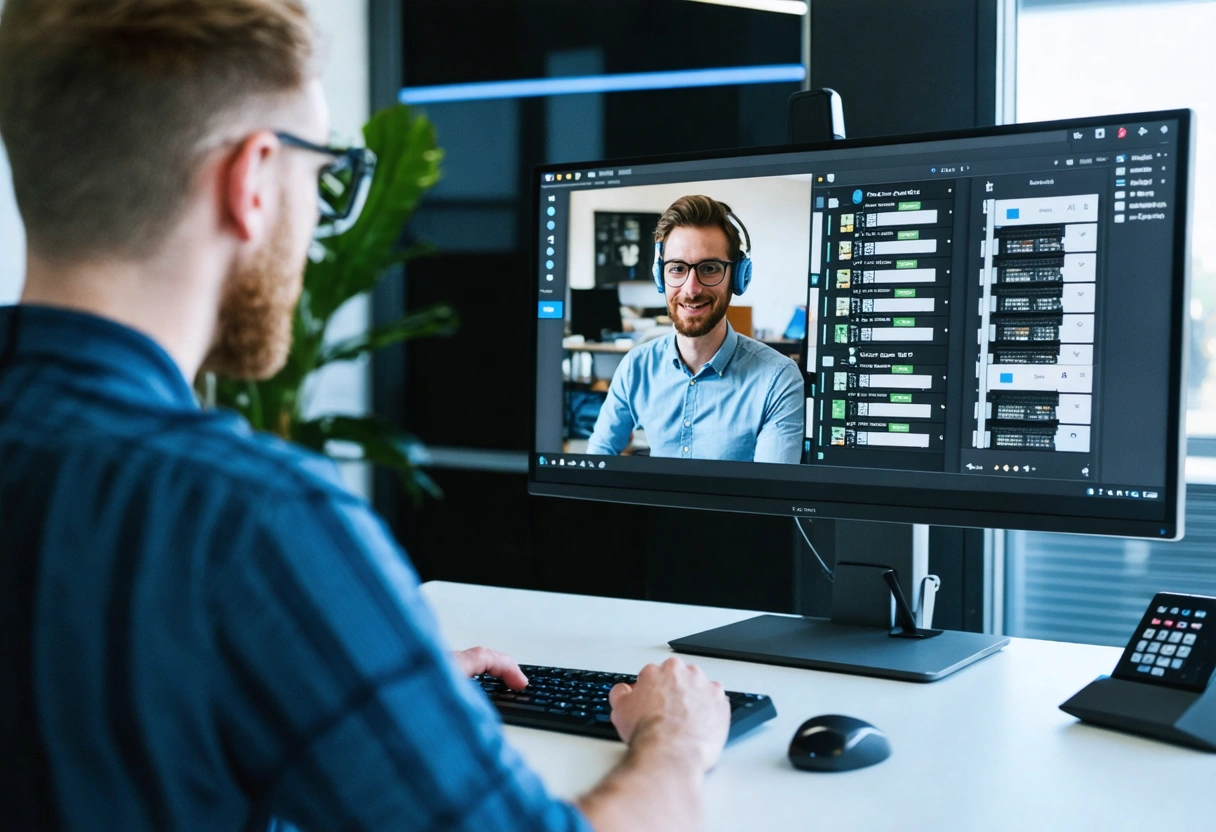 A tech support expert guiding a client over video call, with a server management interface