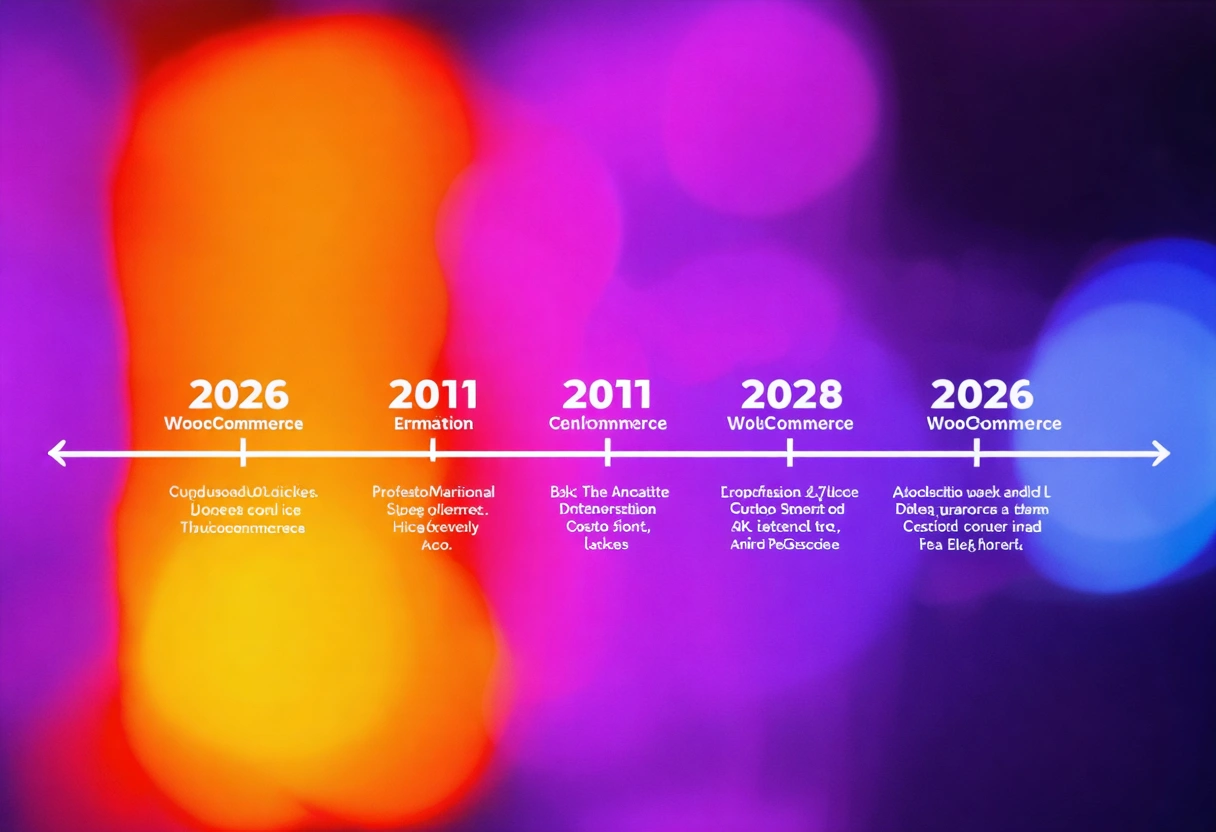 Timeline of WooCommerce's evolution from 2011 to 2026, highlighting key milestones and advancements.