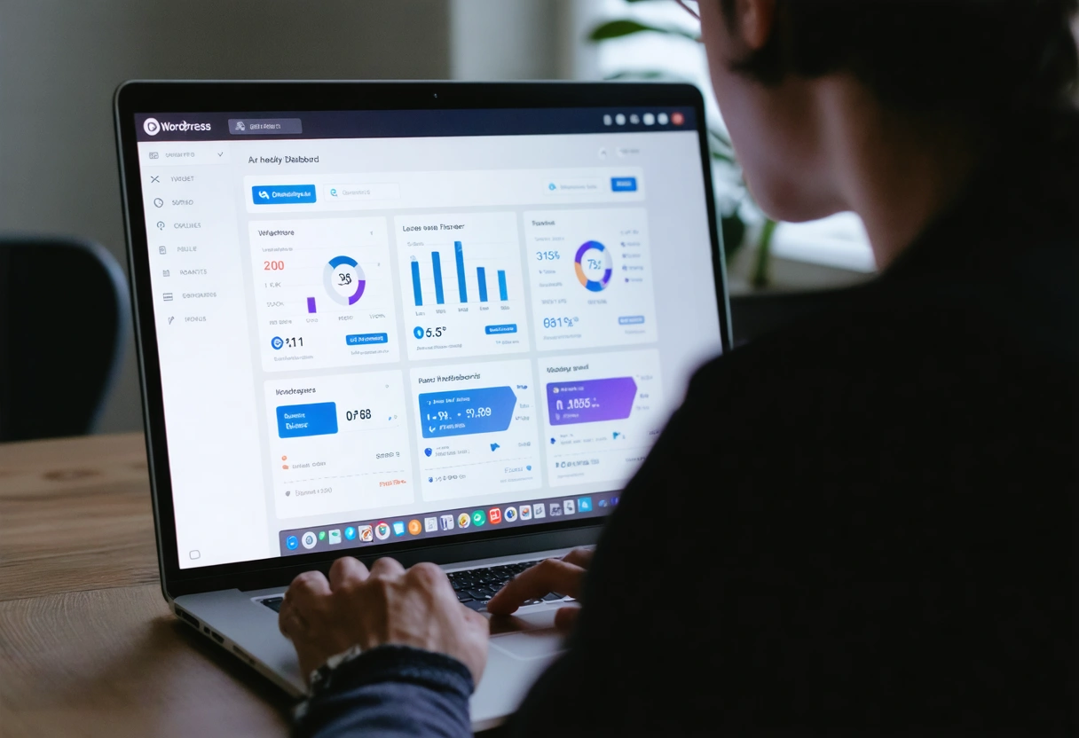 Person navigating WordPress dashboard on laptop, showcasing user-friendly interface for website development.
