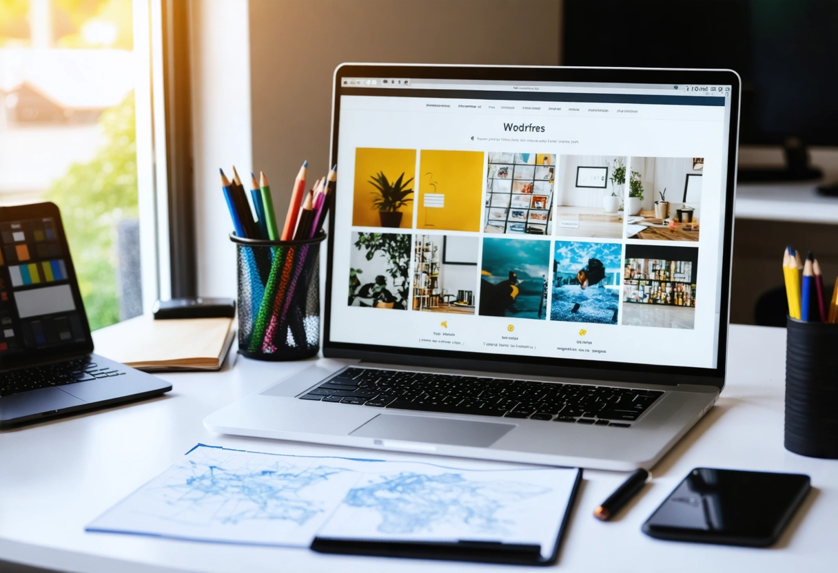 Designer sketching ideas beside vibrant WordPress theme on desktop.