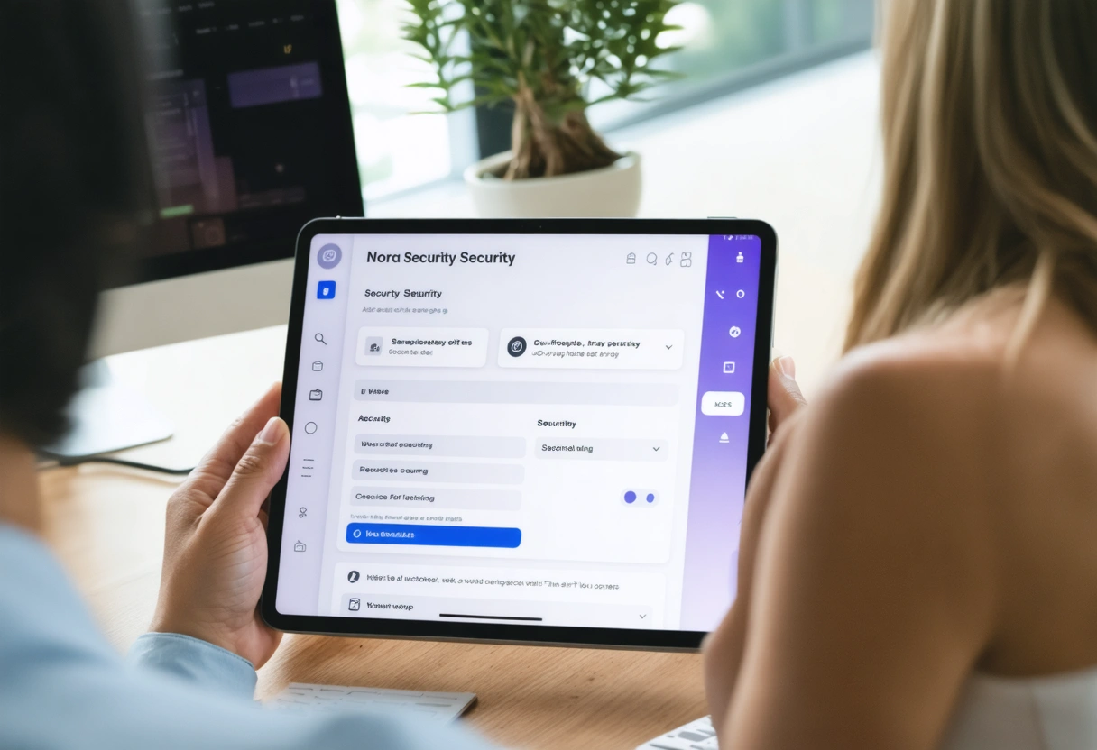 Person reviewing WordPress security plugin settings on tablet in bright office.