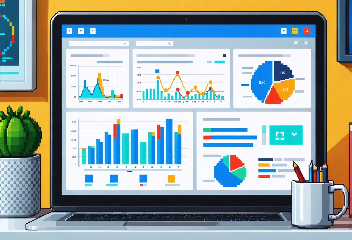 Analytics dashboard on a laptop screen, showing user behavior metrics. Detailed graphs and charts, data-driven
