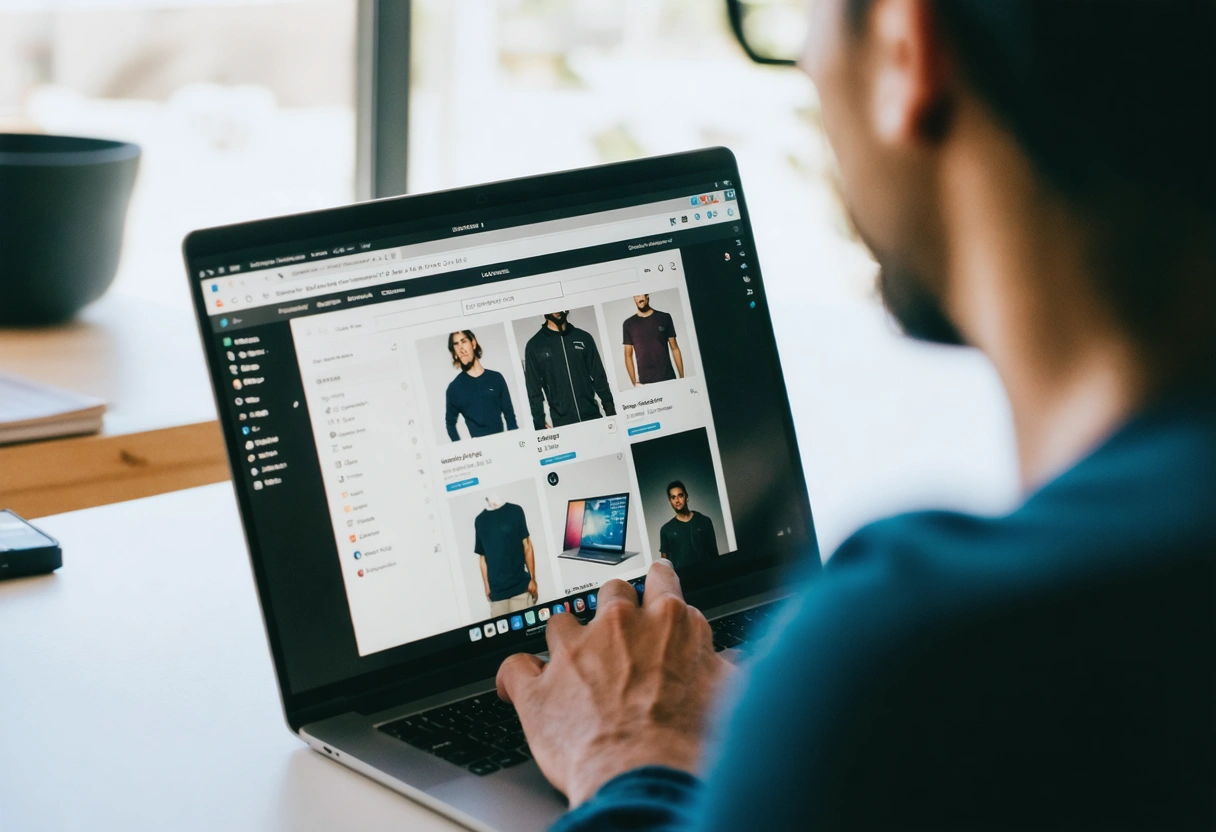 Laptop displaying WooCommerce product page, person scrolling, professional ambiance