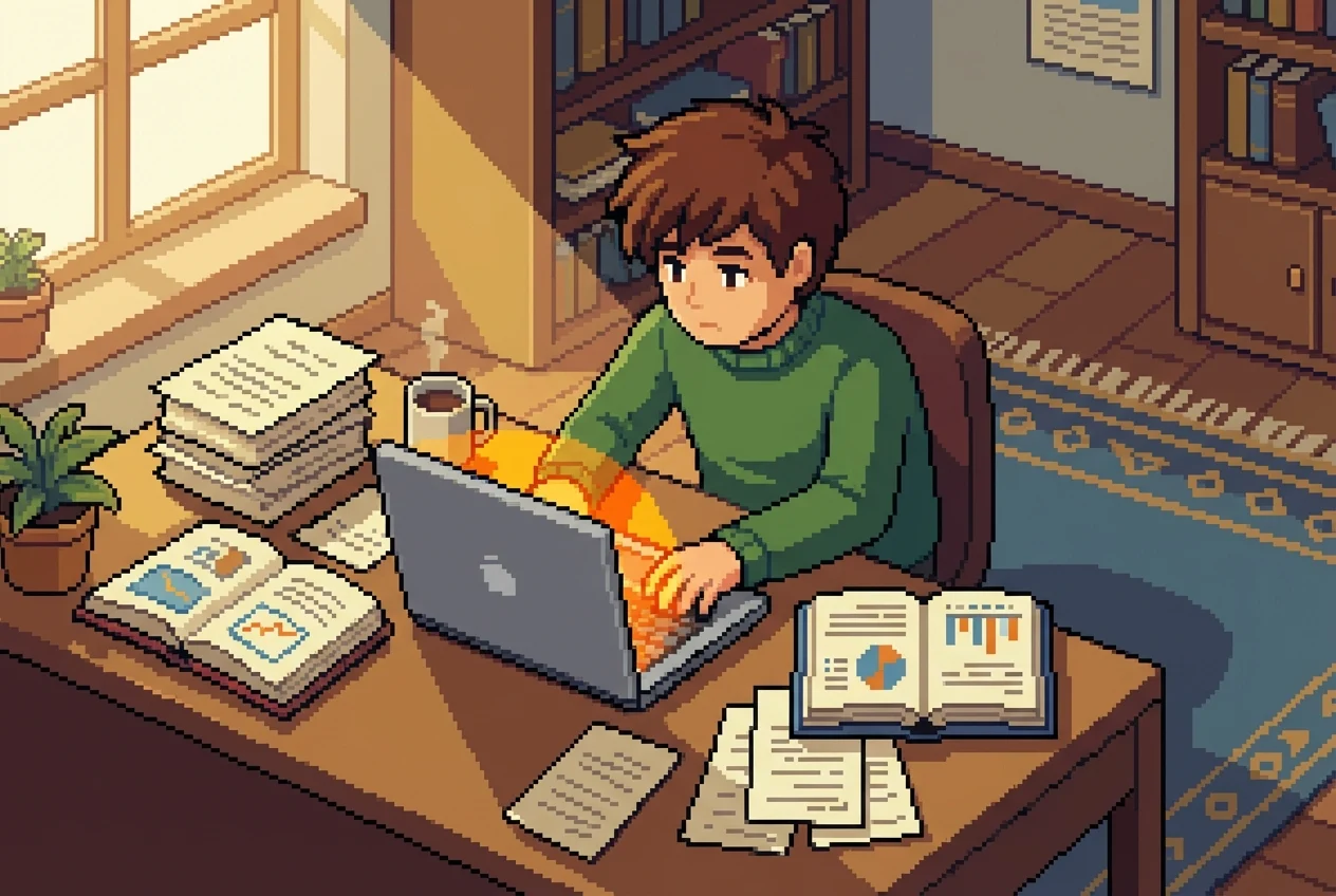 A blogger typing on a laptop, surrounded by notes and SEO guides, in a cozy