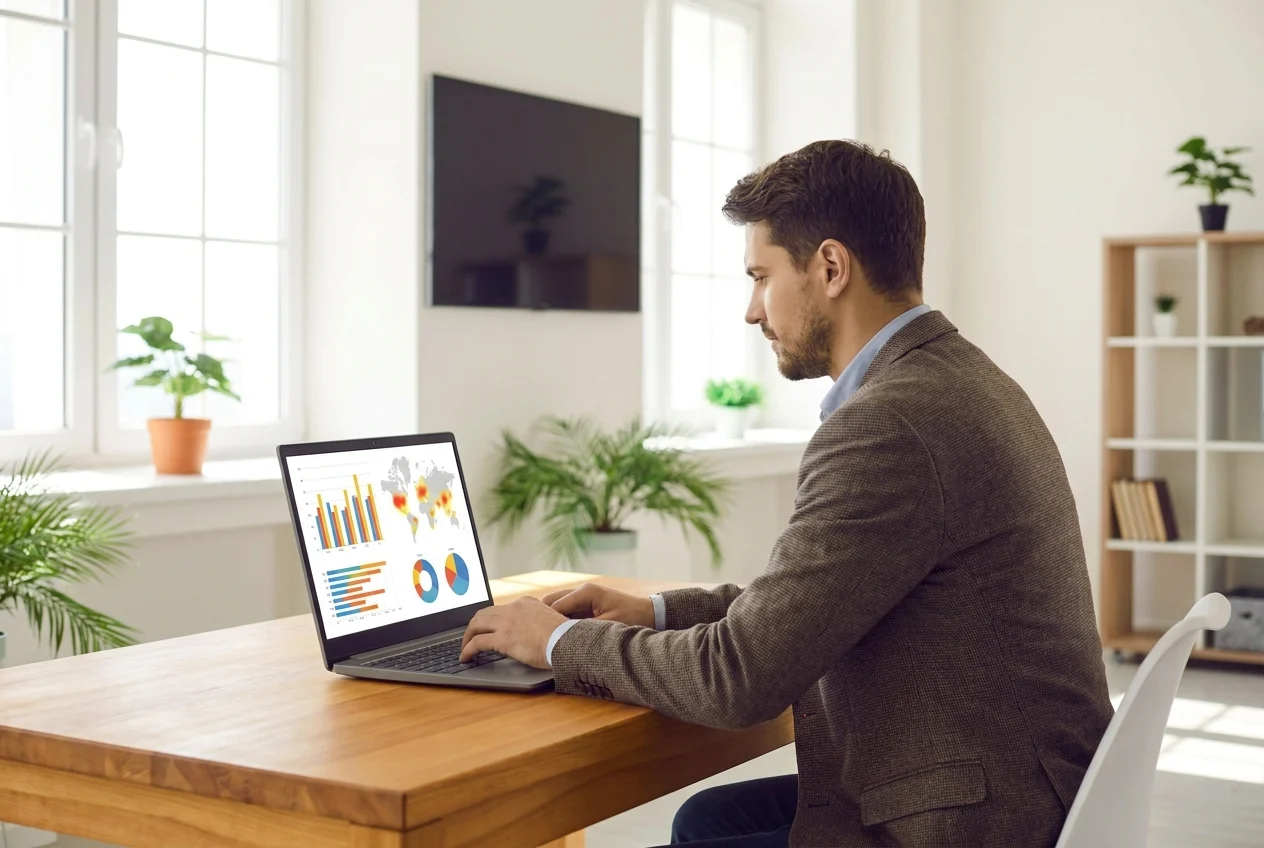 Business owner analyzing SEO dashboard on a laptop in bright office