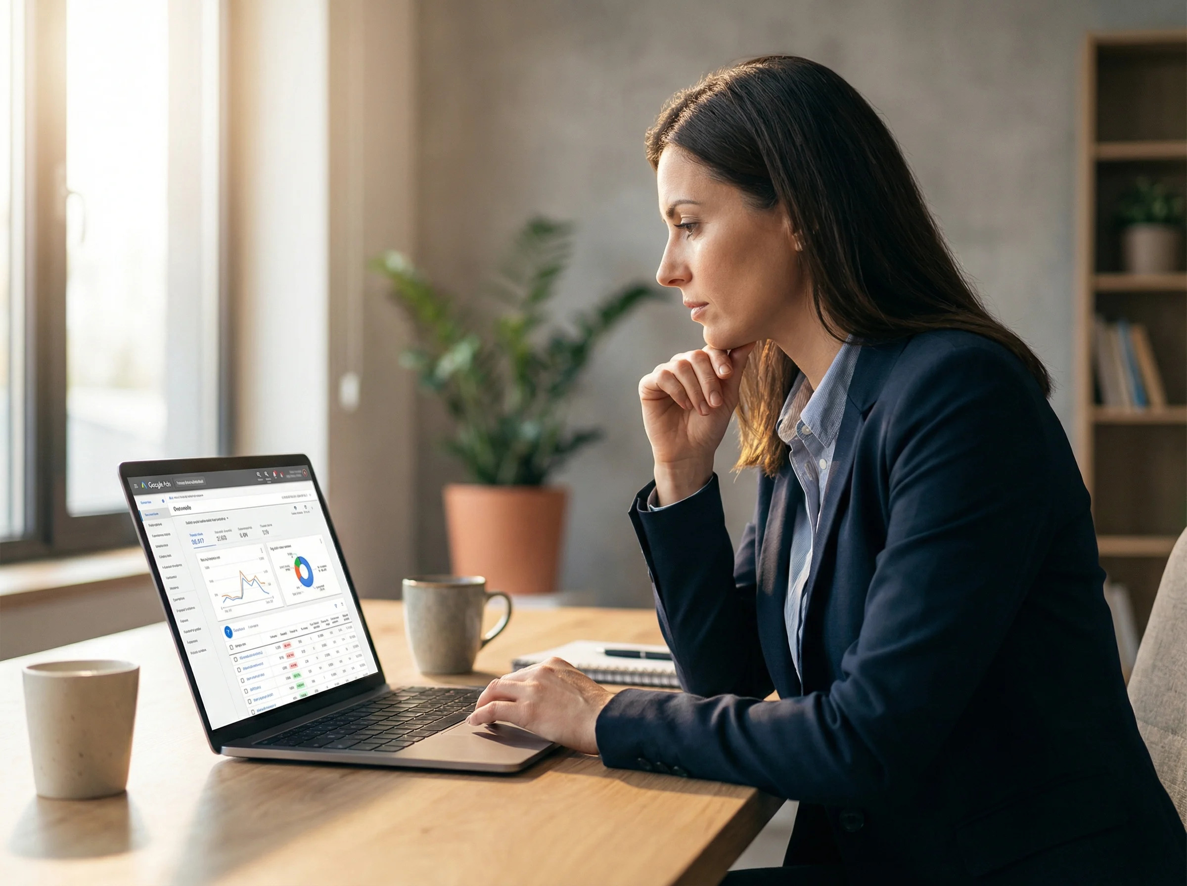 Business professional analyzing data on a laptop at a desk
