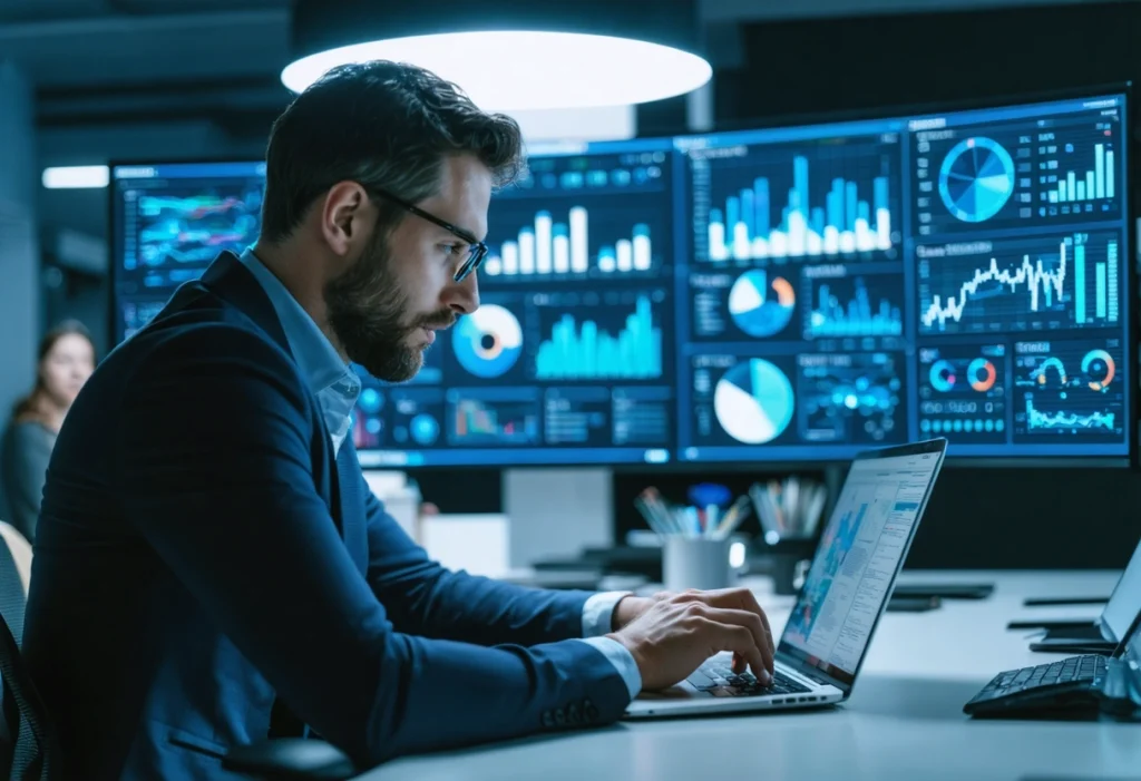 Business professional analyzing customer data on laptop, showcasing AI-driven personalization insights.