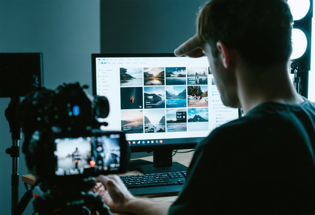 A content creator edits a video for SEO optimization on a high-resolution screen, featuring video