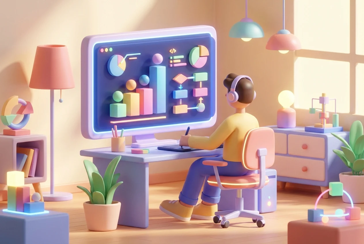 A designer creating an infographic on a computer, with colorful charts and graphs on the
