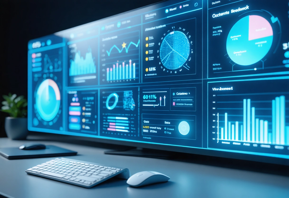 Hands typing on a laptop with data analytics on screen