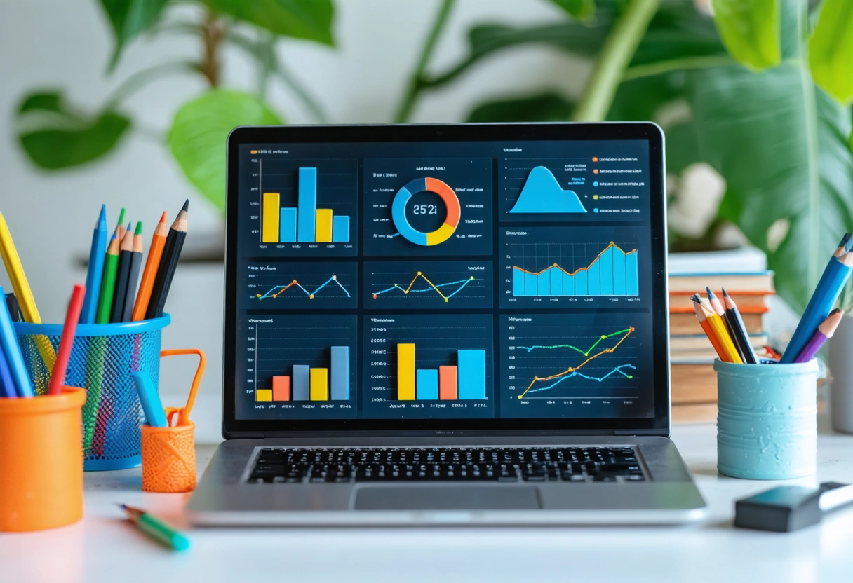 Digital marketer examines SEO dashboard on laptop, highlighting graphs and semantic search data.