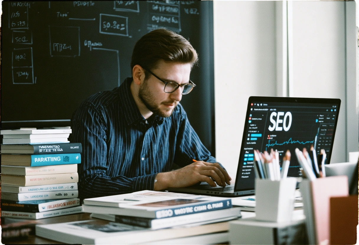 Digital marketing expert analyzing SEO data on a laptop in a modern office.