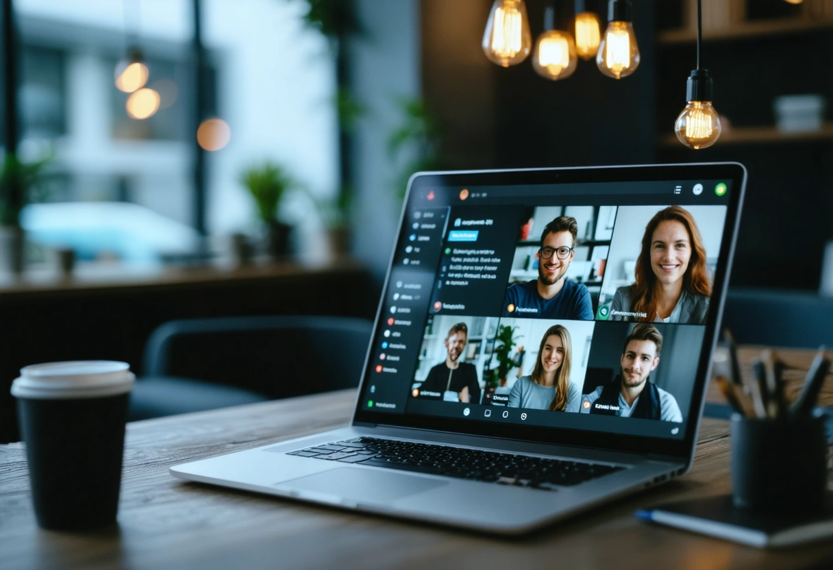 A digital privacy consultant discusses first-party data strategies over a video call, laptop showing privacy-centric