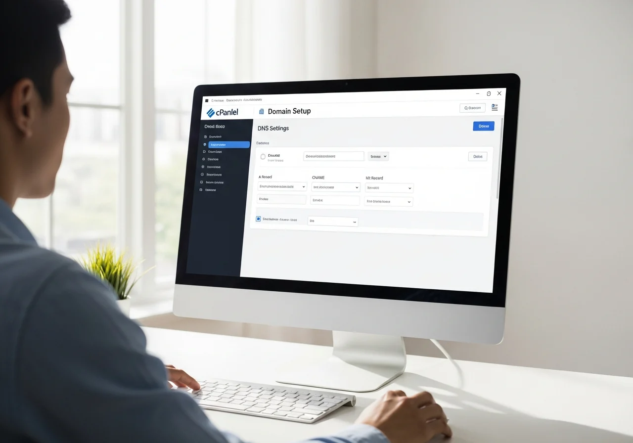 A digital workspace with a computer screen displaying cPanel's domain setup page, user interacting with