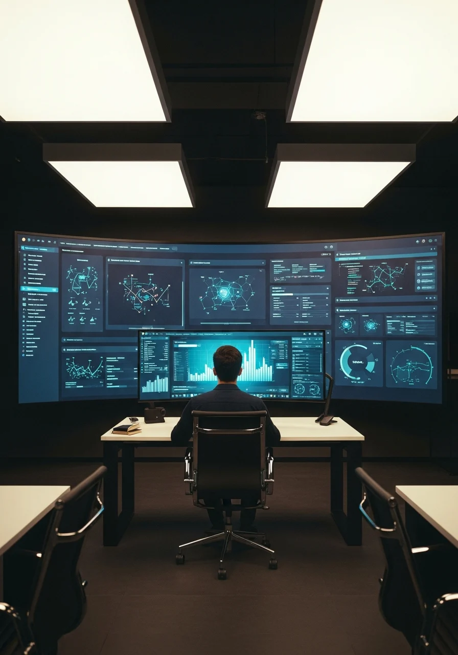 Person analyzing data on a large screen in modern office