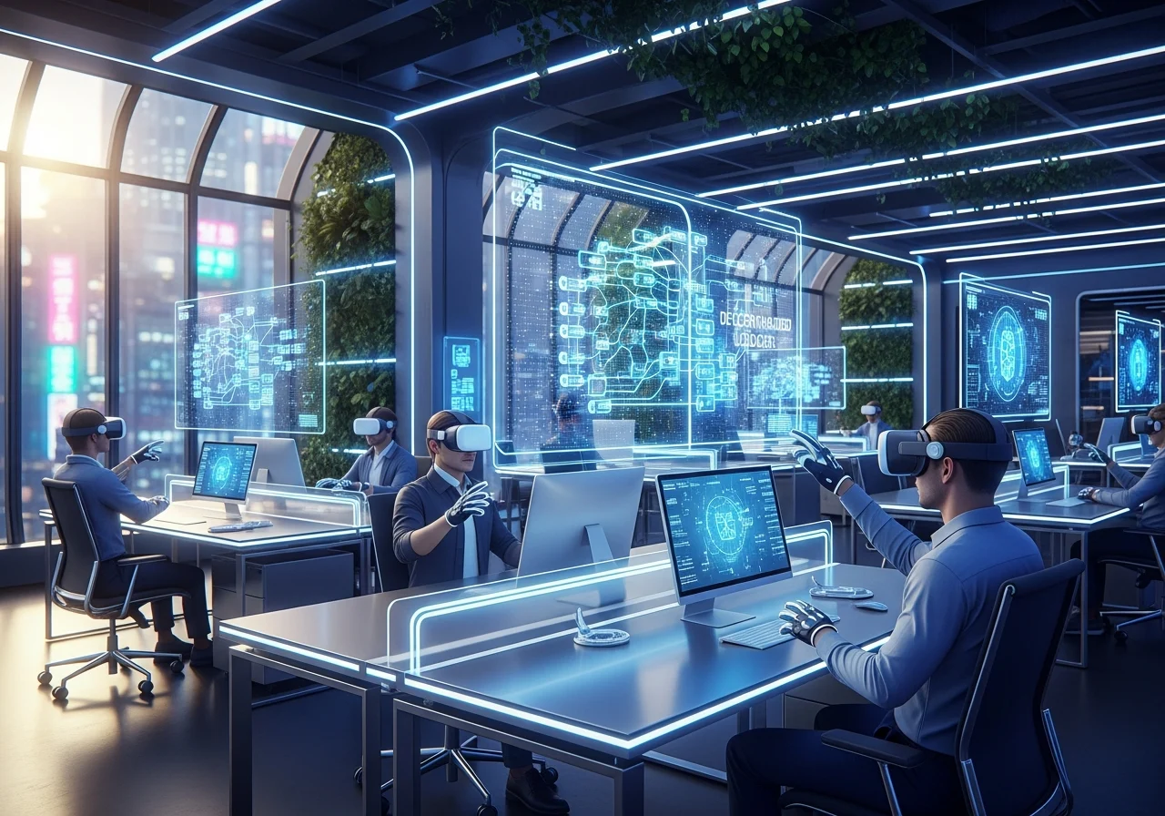 Futuristic cityscape with digital network overlay