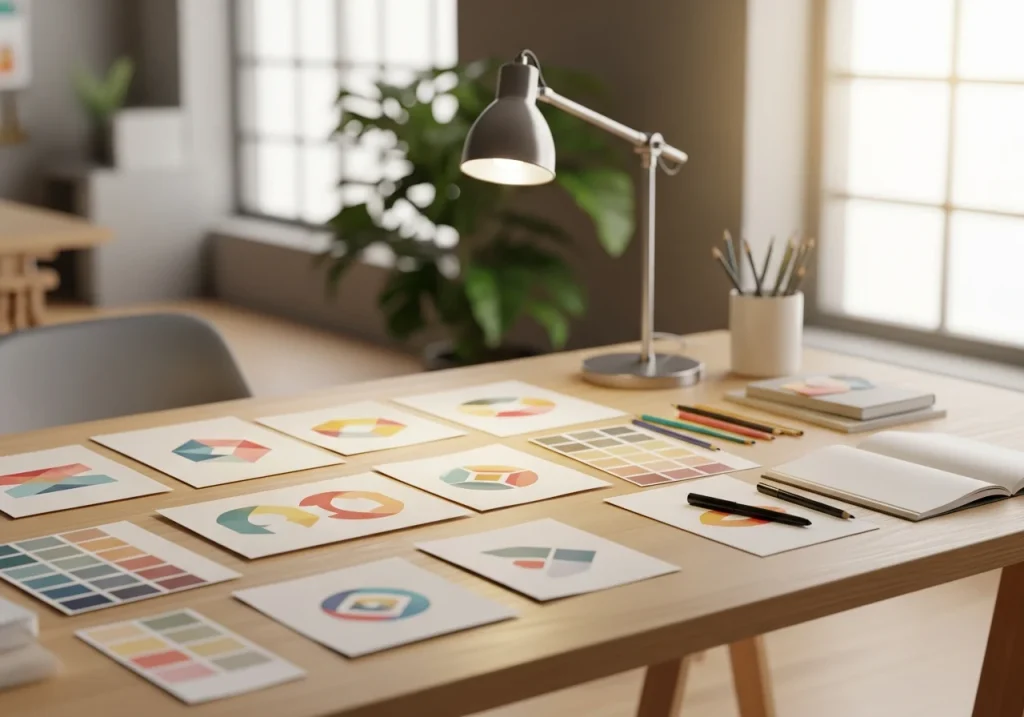 Graphic designer's desk with sketches and color palettes
