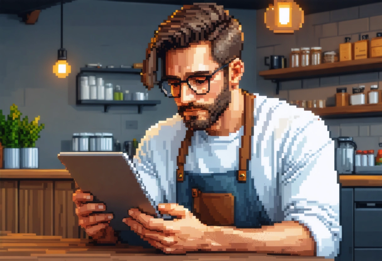 A local business owner reviews Google Business Profile insights on a tablet, focusing on customer