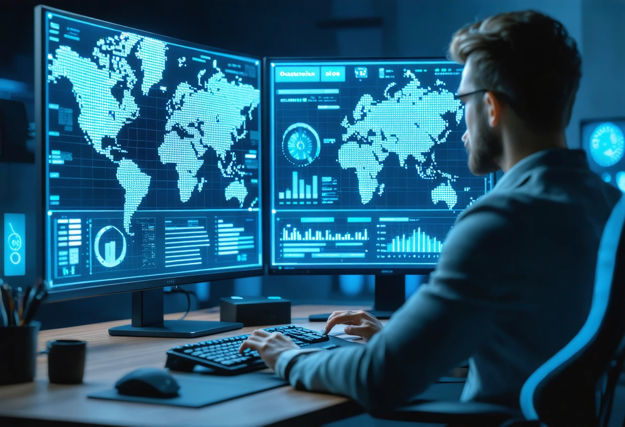 A marketing analyst studies user behavior data on a dual-screen setup, showing personalized SEO strategies