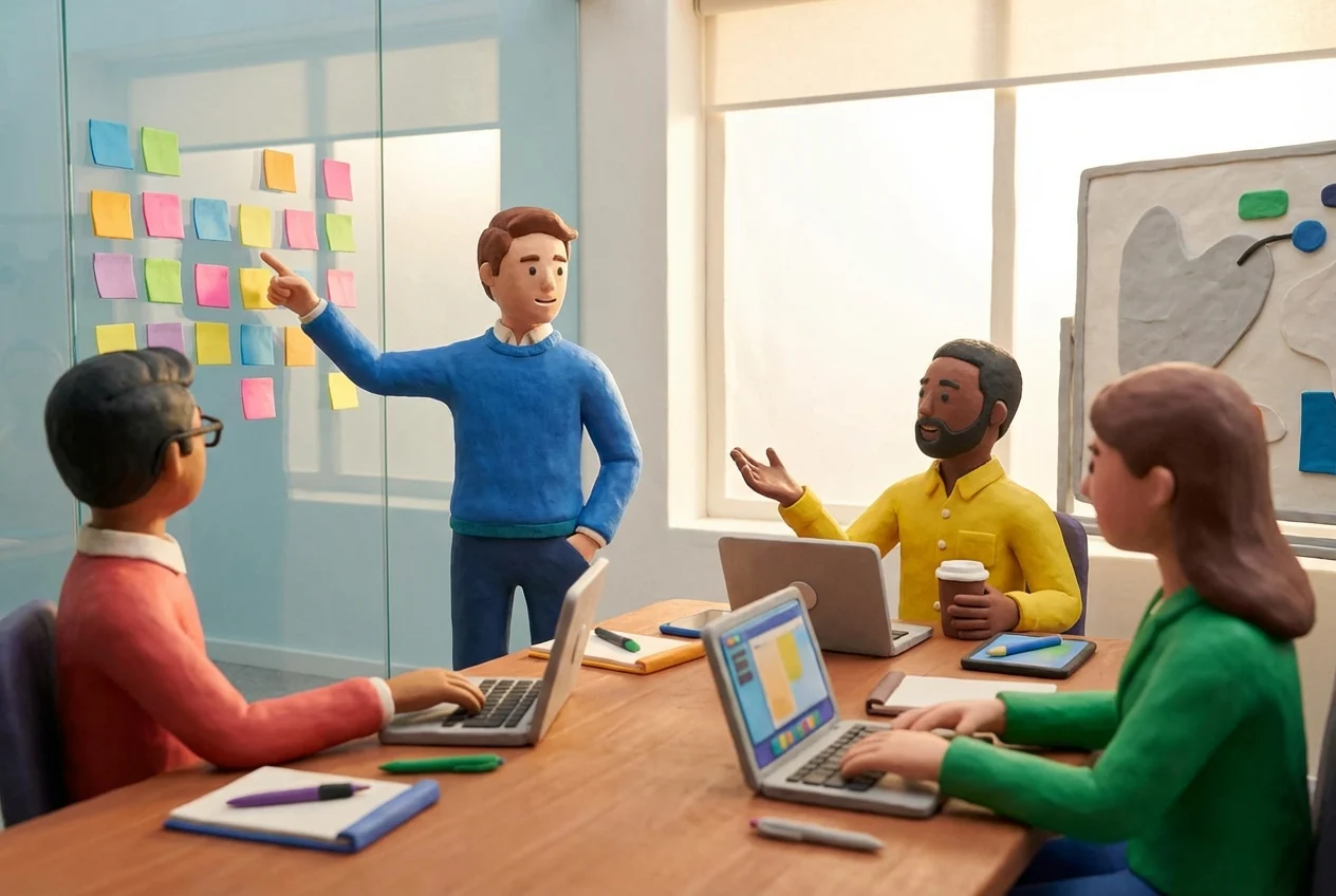 A marketing team brainstorming content strategies, with sticky notes and laptops, in a modern conference