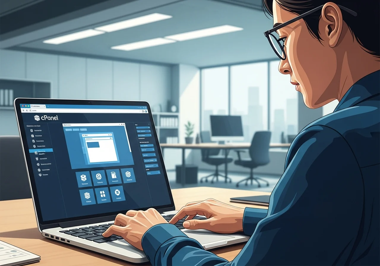 Person using laptop with cPanel in a modern office