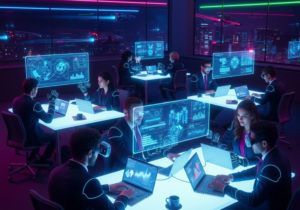 Diverse employees collaborating in a modern office setting