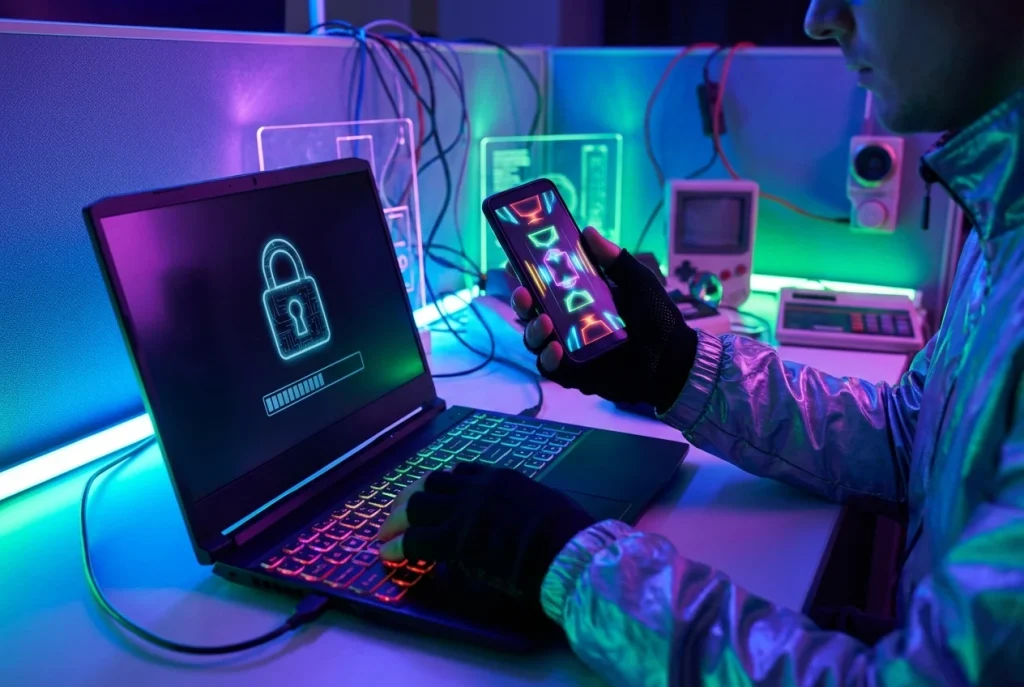 Person entering password on laptop with phone in hand