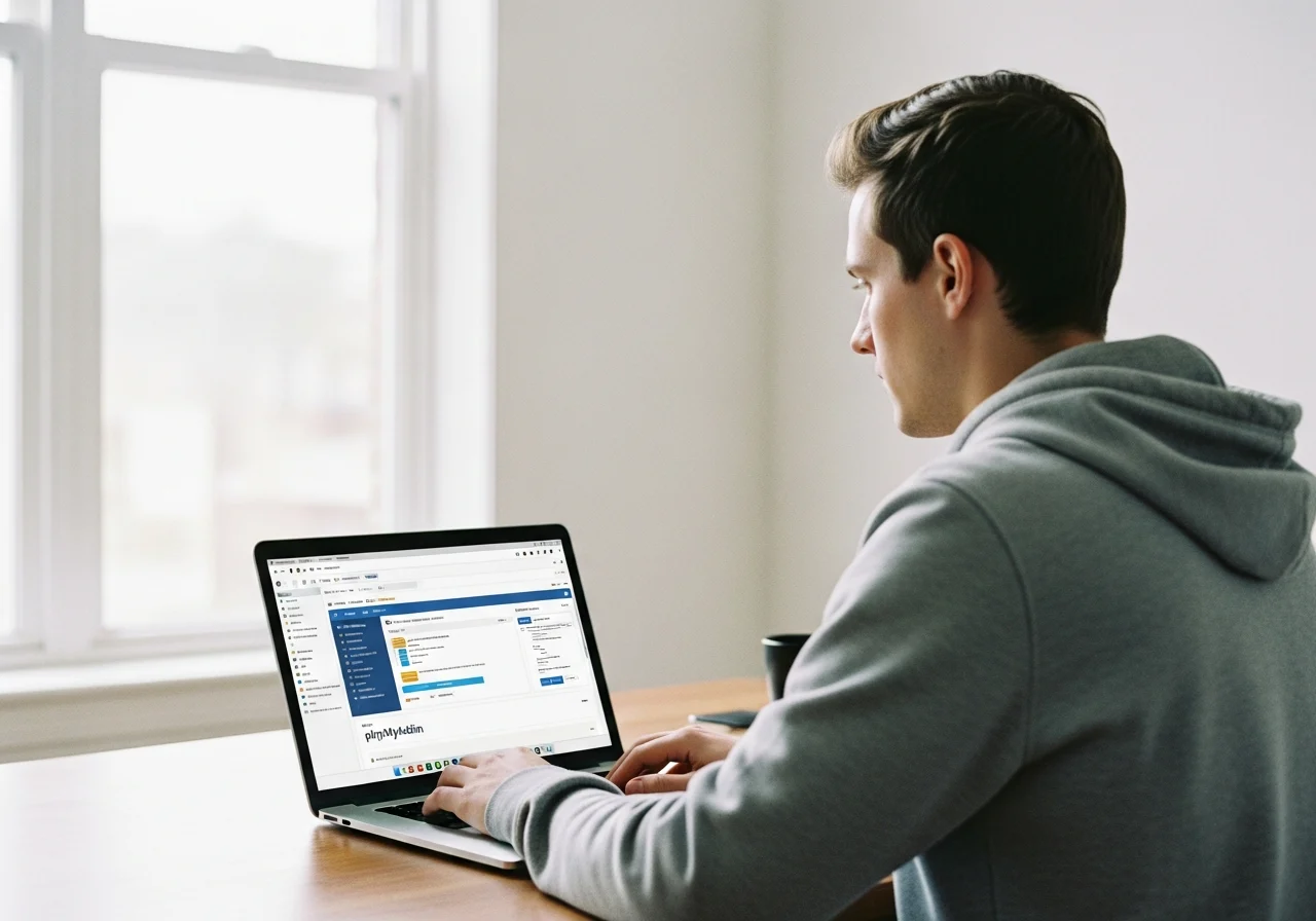 A programmer at a desk with a laptop open to cPanel's database management section, MySQL