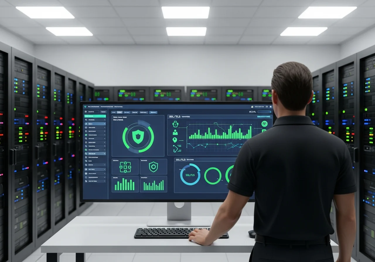 A secure server room with a screen showing cPanel's security features, SSL/TLS settings, bright lighting,