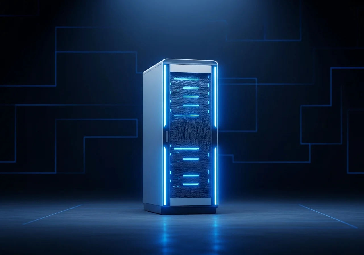 Server room with glowing blue lights and a single server