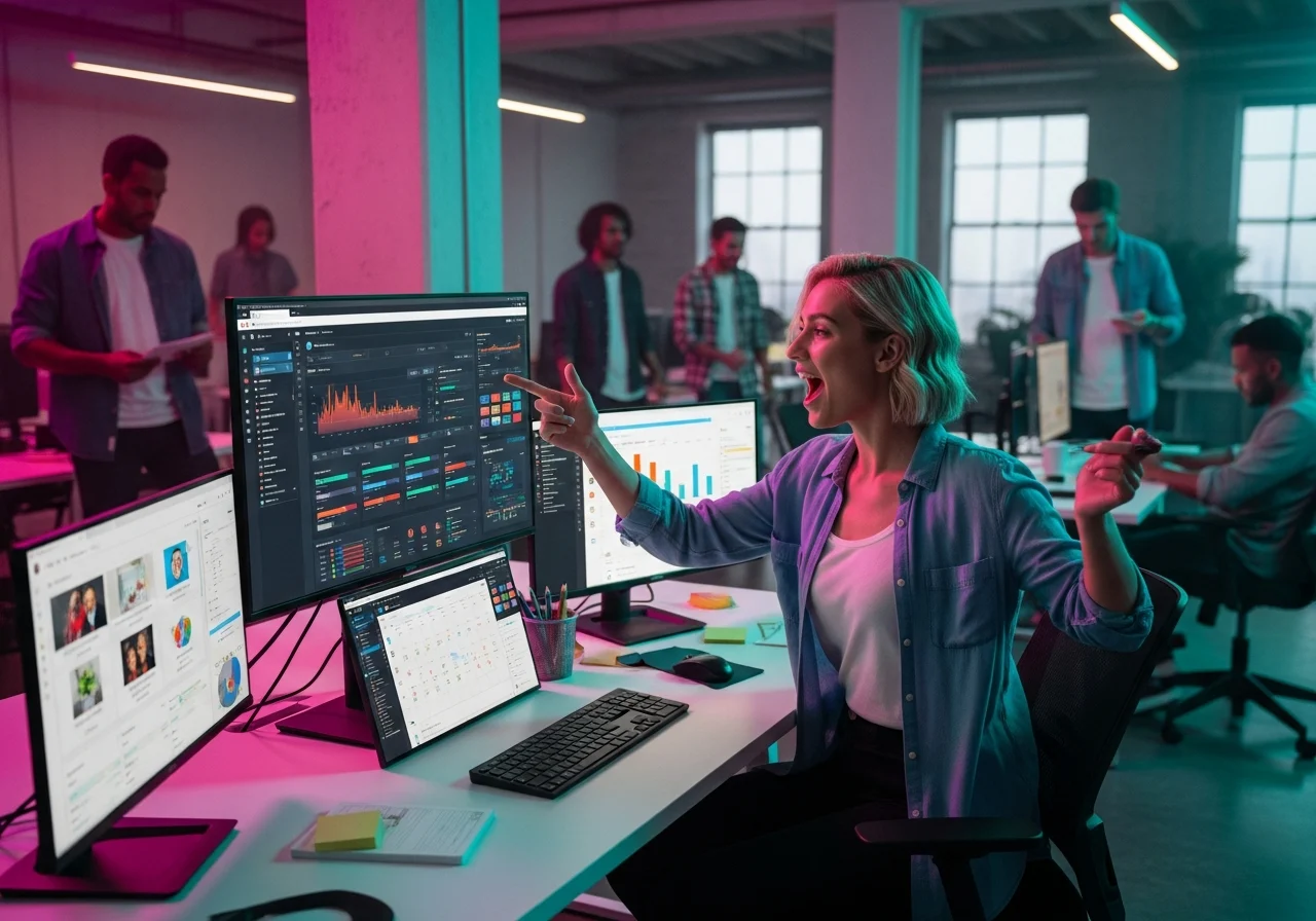 A social media strategist sharing content on multiple platforms, with social media dashboards on computer