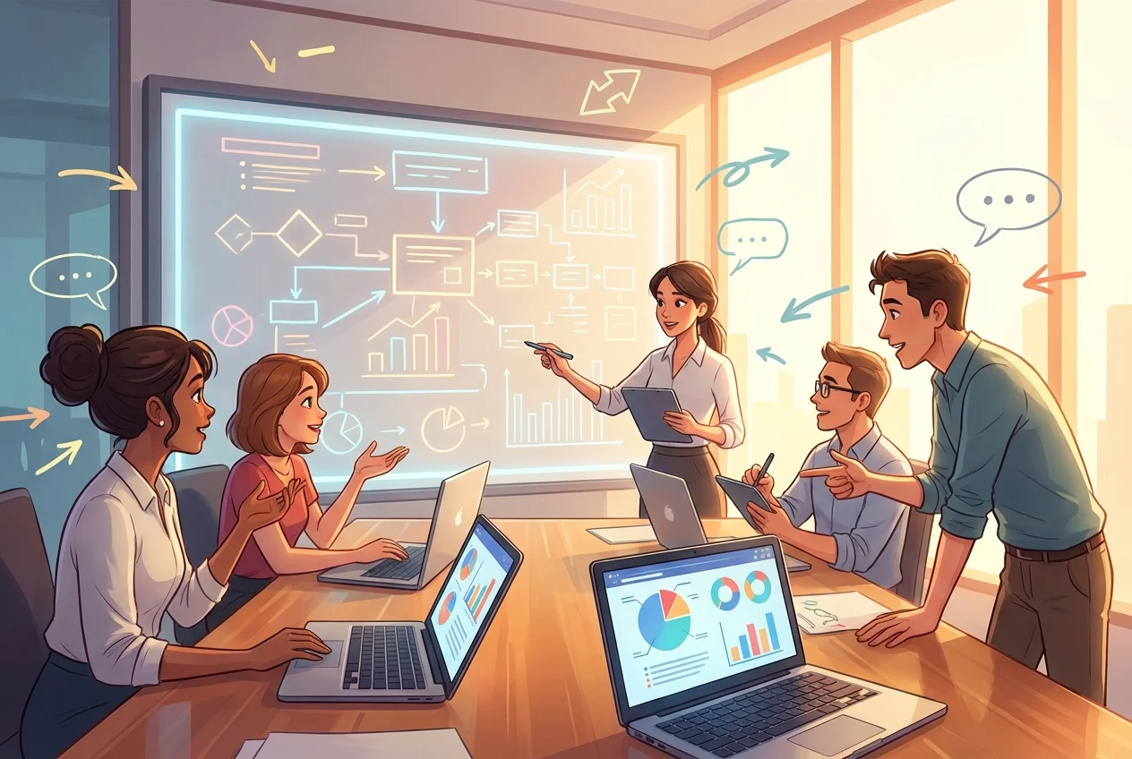Diverse team collaborating in a modern office setting