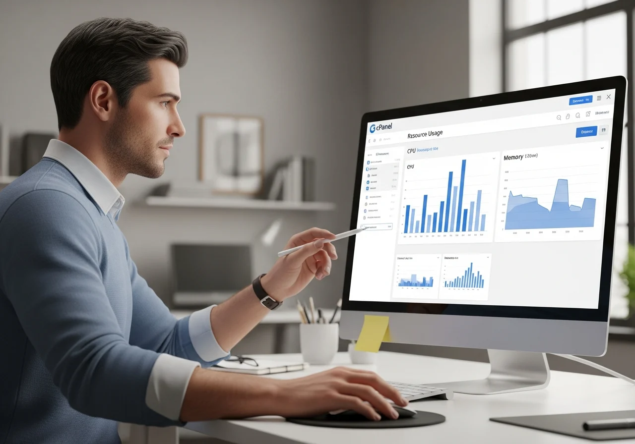 A tech professional analyzing a computer screen with cPanel's resource usage metrics, CPU and memory