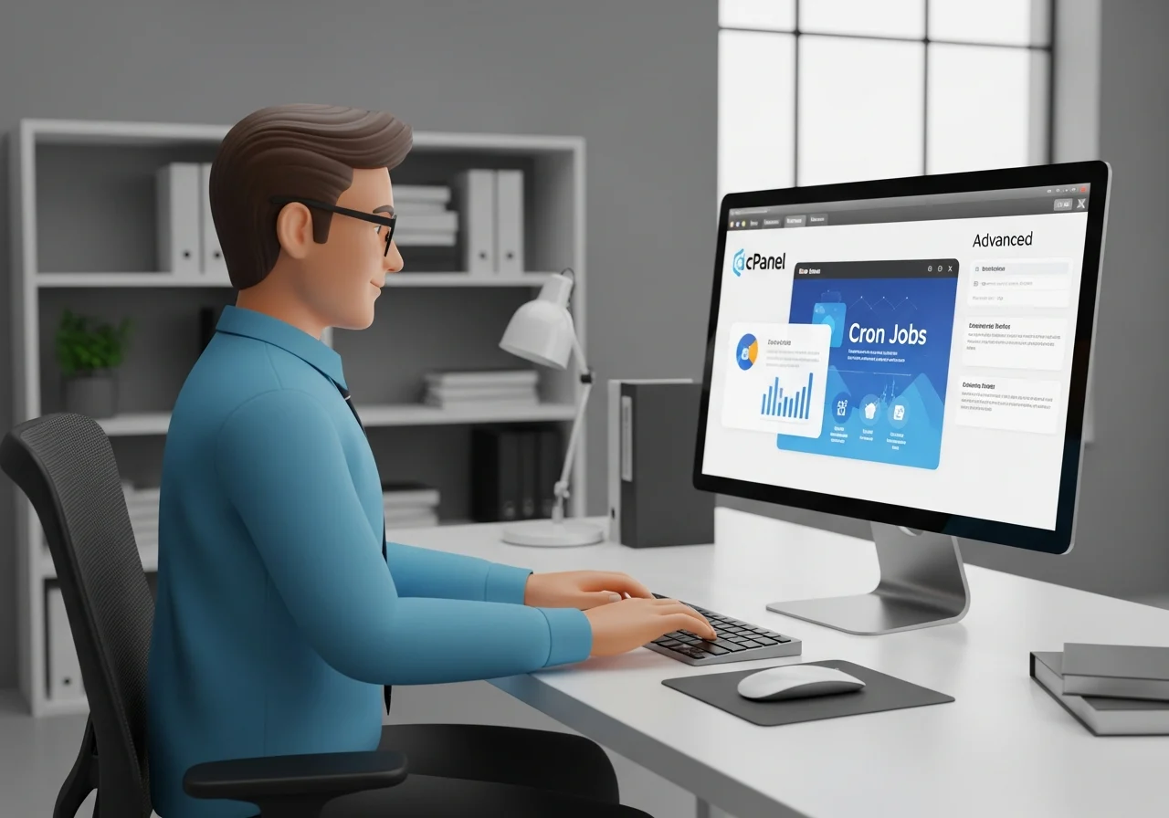 A tech-savvy individual using a computer, cPanel's advanced features like Cron Jobs on display, well-lit