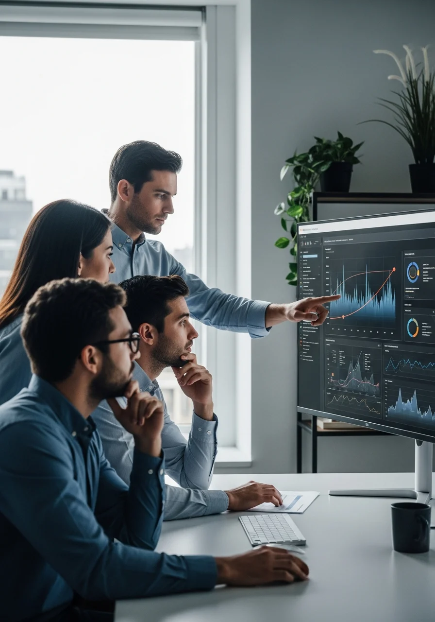 A diverse team discussing SEO trends in a modern conference room.