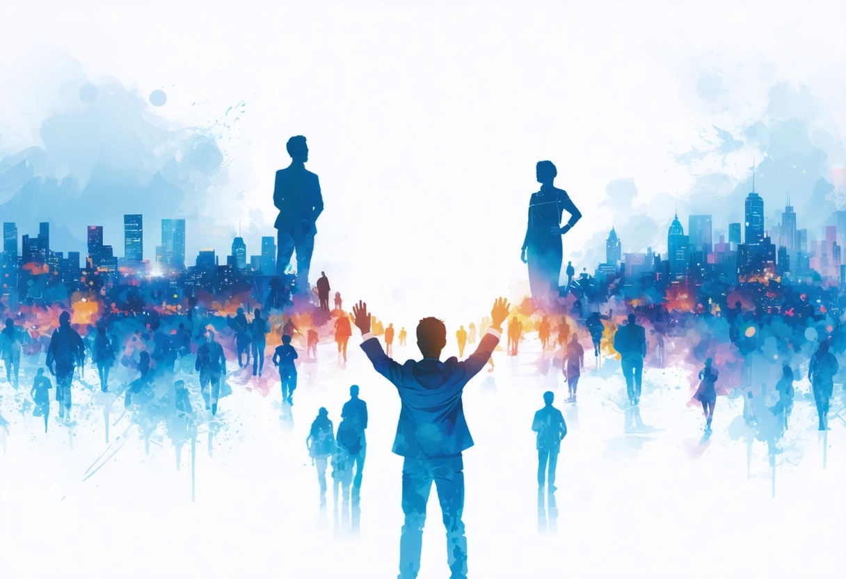 Business team on glowing platforms connected by trust signals